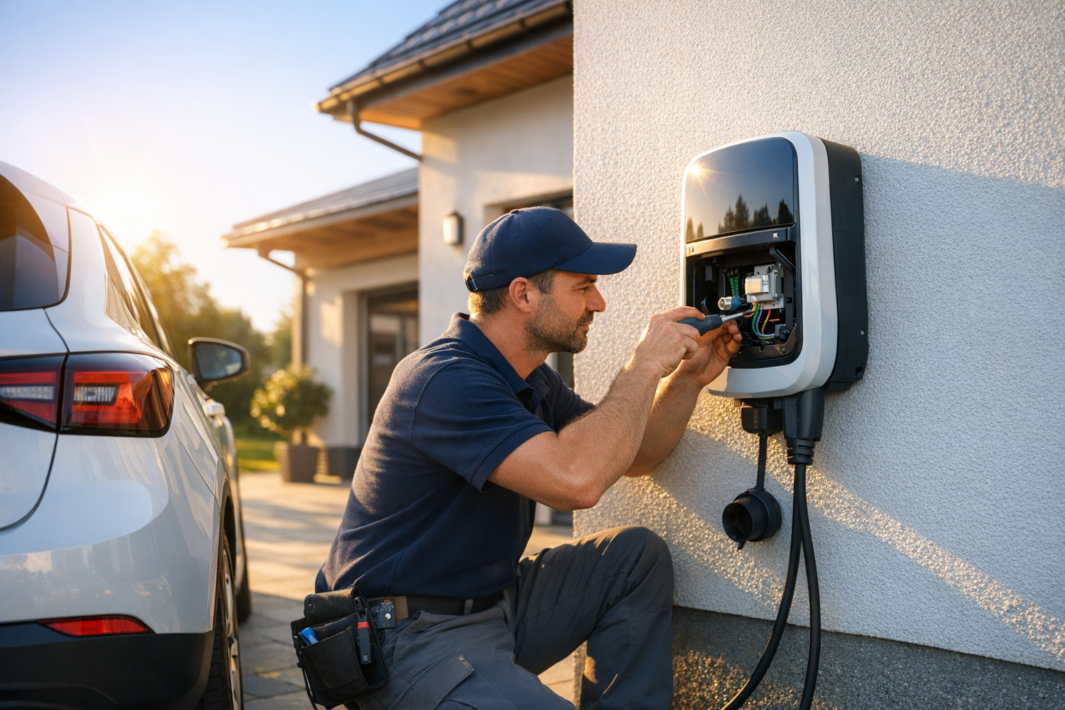 Mężczyzna w granatowej czapce i koszulce klęczy przy ścianie domu i śrubokrętem pracuje nad otwartą stacją ładowania samochodu elektrycznego z widocznymi kolorowymi przewodami, po lewej stoi zaparkowany biały samochód, a scena jest oświetlona niskim, ciepłym światłem słonecznym.