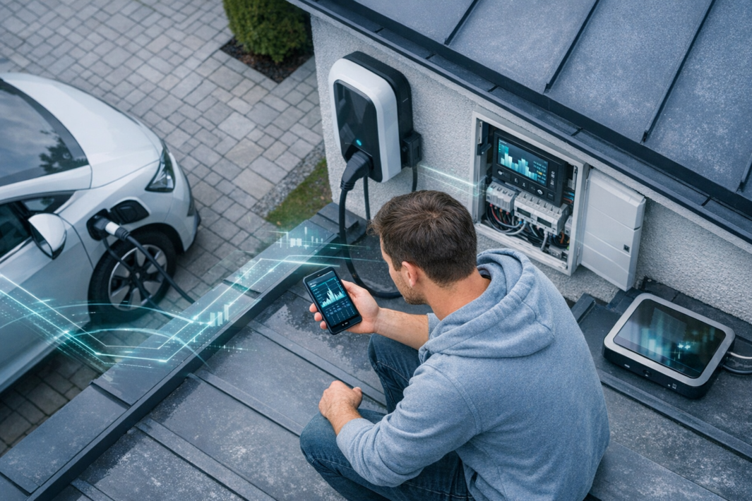 Mężczyzna w szarej bluzie siedzi na dachu przy ścianie z zamontowaną stacją ładowania, trzyma smartfon z wykresami, obok otwarta skrzynka z kablami i panelem elektronicznym, z lewej stoi biały samochód elektryczny podłączony kablem do ładowarki, a przez obraz widoczne są świetliste, graficzne linie danych.