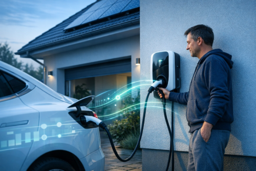 Mężczyzna w granatowej bluzie z kapturem stoi przy ścianie domu i podłącza kabel z wallboxa do białego samochodu elektrycznego zaparkowanego na podjeździe, w tle widoczne panele słoneczne na dachu oraz świetlne linie ukazujące przepływ energii.
