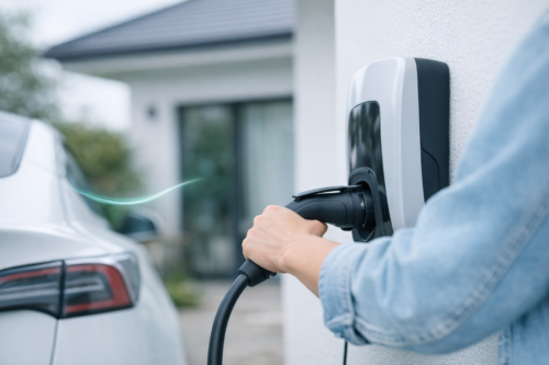 Dłoń osoby w jeansowej koszuli podłączająca kabel do ściennie zamontowanej ładowarki samochodu elektrycznego, z tylną częścią białego auta i rozmytym domem w tle.
