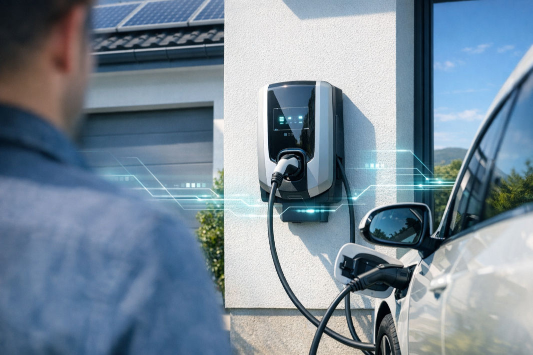 Stacja ładowania samochodu elektrycznego przymocowana do zewnętrznej ściany domu z podłączonym kablem do białego auta, w lewym planie rozmyta sylwetka osoby, na dachu widoczne panele słoneczne, za budynkiem garaż i niebieskie świetliste linie sugerujące przepływ energii.