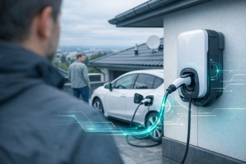 Zbliżenie na ścienną ładowarkę do samochodów elektrycznych z podłączonym kablem i niebiesko-zielonymi efektami świetlnymi; w tle biały samochód podłączony do ładowarki na podjeździe, rozmyty mężczyzna stojący obok, fragment sylwetki osoby na pierwszym planie oraz dach domu z anteną satelitarną i odległa panorama miasta pod pochmurnym niebem.