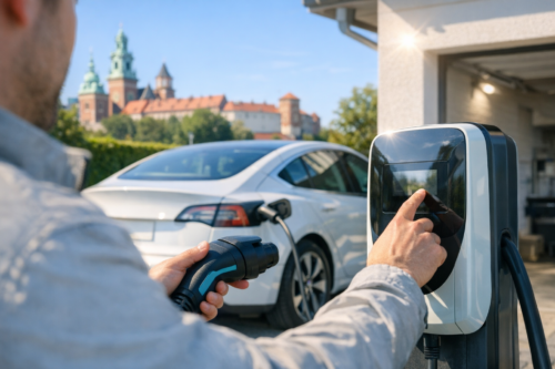 Osoba widziana z tyłu trzyma w jednej ręce wtyczkę do ładowania pojazdu i prawym palcem dotyka ekranu stacji ładowania na podjeździe, przy podłączonym białym samochodzie elektrycznym, z garażem po prawej i zabytkowymi budynkami z wieżami w tle.