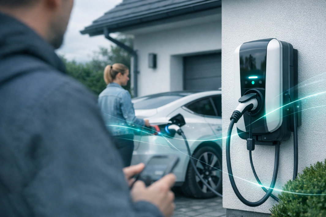 Ścienna stacja ładowania samochodu elektrycznego po prawej z podłączonym kablem i świecącą diodą, na pierwszym planie rozmyta osoba trzymająca smartfon, a w tle druga osoba stojąca przy białym samochodzie elektrycznym zaparkowanym przed garażem domu, widoczne turkusowe świetliste smugi i krzew przy ścianie.