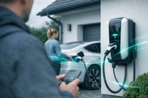 Ścienna stacja ładowania samochodu elektrycznego po prawej z podłączonym kablem i świecącą diodą, na pierwszym planie rozmyta osoba trzymająca smartfon, a w tle druga osoba stojąca przy białym samochodzie elektrycznym zaparkowanym przed garażem domu, widoczne turkusowe świetliste smugi i krzew przy ścianie.