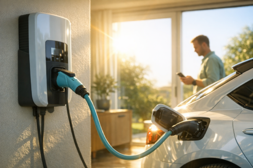 Na pierwszym planie naścienna stacja ładowania z turkusowym kablem podłączonym do portu srebrnego samochodu elektrycznego, w tle przez przeszklone drzwi wpada silne światło słoneczne, a w pomieszczeniu widać stojącego mężczyznę patrzącego na telefon, roślinę doniczkową i drewnianą komodę.