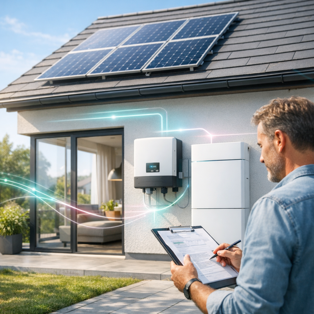 Mężczyzna trzymający clipboard i piszący piórem stoi przed nowoczesnym domem z panelami słonecznymi na dachu, na elewacji zamontowanym falownikiem i modułem magazynowania energii, przesuwanymi drzwiami tarasowymi odsłaniającymi salon z sofą i lampą, trawnikiem i donicami na patio oraz kolorowymi liniami świetlnymi łączącymi panele z urządzeniami.