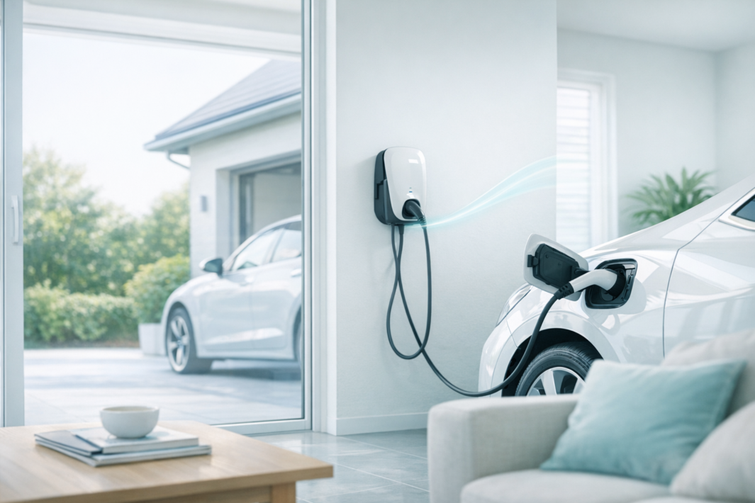 Jasne, minimalistyczne wnętrze z przesuwnymi drzwiami na podjazd, na ścianie zamontowana stacja ładowania samochodów elektrycznych podłączona kablem do białego auta częściowo w pomieszczeniu, za przeszklonymi drzwiami widoczny drugi samochód na podjeździe, na pierwszym planie stolik z miską i książkami oraz fragment kanapy z poduszką i roślina doniczkowa przy oknie.