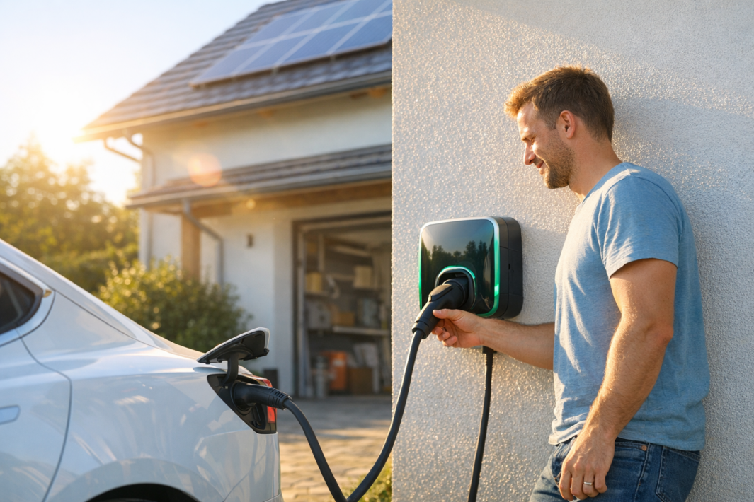 Mężczyzna stoi przy ścianie domu i podłącza kabel do ściennej stacji ładowania, która łączy się z białym samochodem elektrycznym, w tle otwarty garaż i dach z panelami słonecznymi oświetlone słońcem.