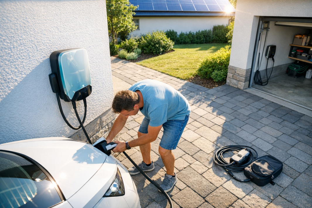 Mężczyzna w niebieskim t‑shircie i szortach podłącza kabel do białego samochodu elektrycznego na kamiennej podjeździe obok domu, na ścianie wisi stacja ładowania, na ziemi leży zwinięty kabel i torba, a w tle widać otwarty garaż z dodatkowym kablem oraz dom z panelami słonecznymi i zadbanym trawnikiem.