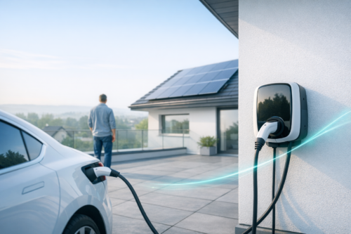 Biały samochód elektryczny po lewej podłączony kablem do ściennej stacji ładowania po prawej, na przestronnym tarasie nowoczesnego domu z panelami słonecznymi na dachu i stojącą tyłem postacią mężczyzny zwróconą ku oddalonemu krajobrazowi, z widoczną turkusową smugą symbolizującą przepływ energii.