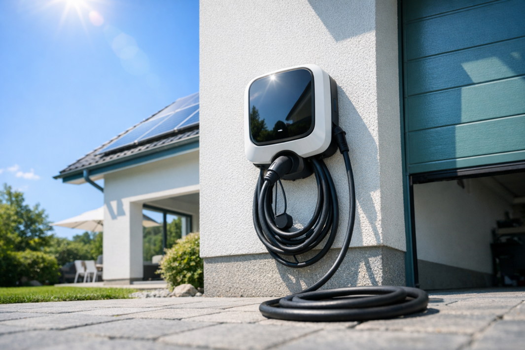 Zewnętrzna biało‑czarna ścienna stacja ładowania pojazdów elektrycznych z błyszczącym czarnym panelem i zwiniętym czarnym kablem, zamontowana obok otwartego garażu domu z panelami słonecznymi na dachu, nad brukowanym podjazdem i ogrodem w słoneczny dzień.