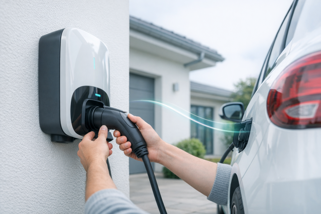 Dłonie wpinające czarny konektor przewodu do gniazda białego samochodu elektrycznego, po lewej na ścianie widoczna biało‑czarna stacja ładowania, z kablem łączącym ją z samochodem, rozmytym domem i garażem w tle oraz subtelną niebieską smugą świetlną między wtykiem a pojazdem.