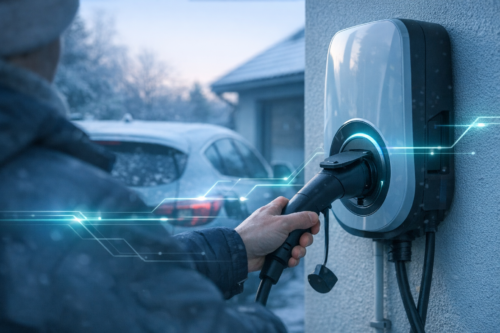 Zbliżenie na dłoń osoby w zimowej kurtce podłączającej czarny wtyk do ściennej ładowarki samochodu elektrycznego zamontowanej na zewnętrznej ścianie, w tle zaśnieżony samochód i dom oraz niebieskie świetliste linie przypominające obwody elektroniczne.