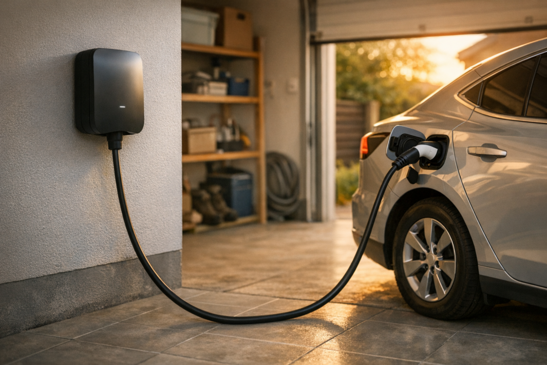Stacja ładowania samochodu elektrycznego zamontowana na jasnej ścianie garażu po lewej, z czarnym kablem prowadzącym do podłączonej wtyczki w tylnym nadkolu srebrnego samochodu zaparkowanego po prawej, na podłodze płytki, w tle regały z narzędziami i otwarte drzwi garażu z widokiem oświetlonym zachodzącym słońcem.