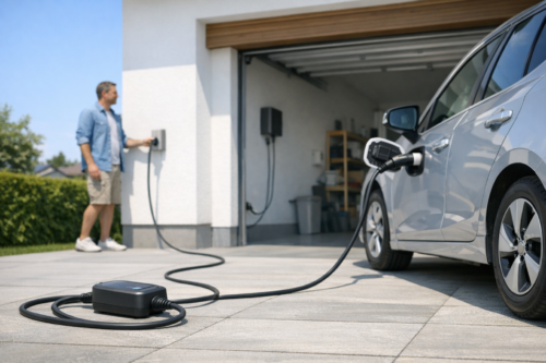 Na pierwszym planie po prawej srebrny samochód elektryczny podłączony kablem do czarnego modułu ładowania leżącego na kamiennym podjeździe; w tle otwarty garaż z półkami, a po lewej nieostro widoczny mężczyzna stojący przy ściennej stacji ładującej i zielony żywopłot pod niebieskim niebem.