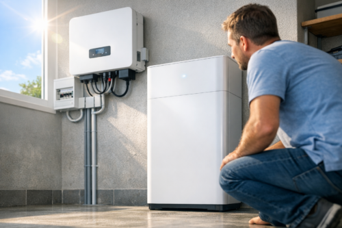 Mężczyzna kuca obok dużej białej stacjonarnej baterii do magazynowania energii ustawionej przy ścianie, nad którą zamontowany jest inwerter i rozdzielnica z widocznymi przewodami, przez okno wpada światło słoneczne.