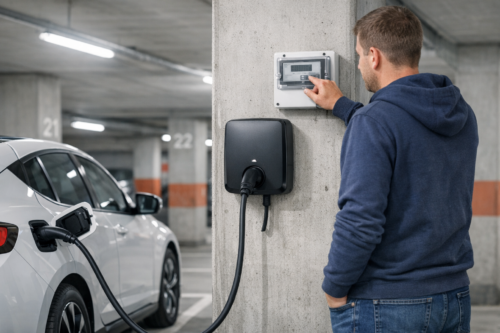 Osoba w niebieskiej bluzie stoi przy betonowej kolumnie w podziemnym parkingu, dotyka panelu licznika elektrycznego zamontowanego nad czarną stacją ładowania, do której kablem podłączony jest biały samochód elektryczny; w tle widoczne oznaczenia miejsc parkingowych 21 i 22.