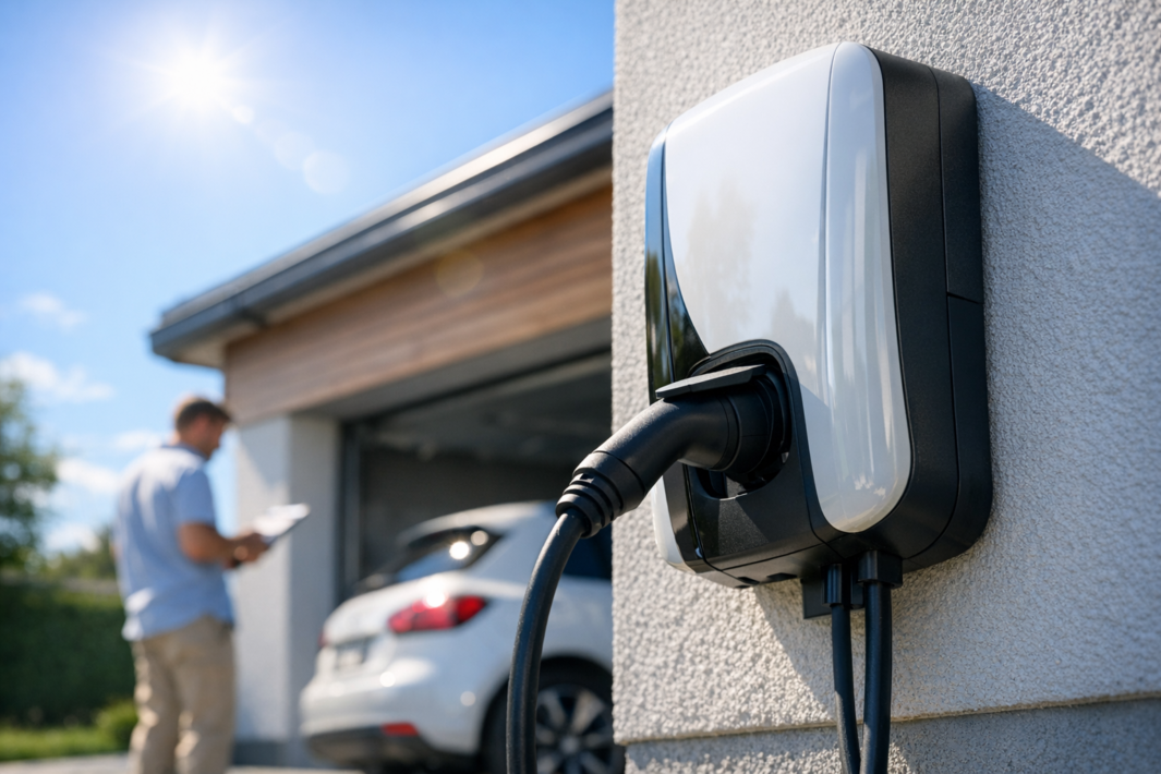 Zbliżenie na ścienną stację ładowania samochodu elektrycznego z wpiętym czarnym kablem na jasnej, chropowatej ścianie; w tle rozmyty biały samochód w otwartym garażu i mężczyzna trzymający dokumenty, słoneczne niebo z odblaskami.