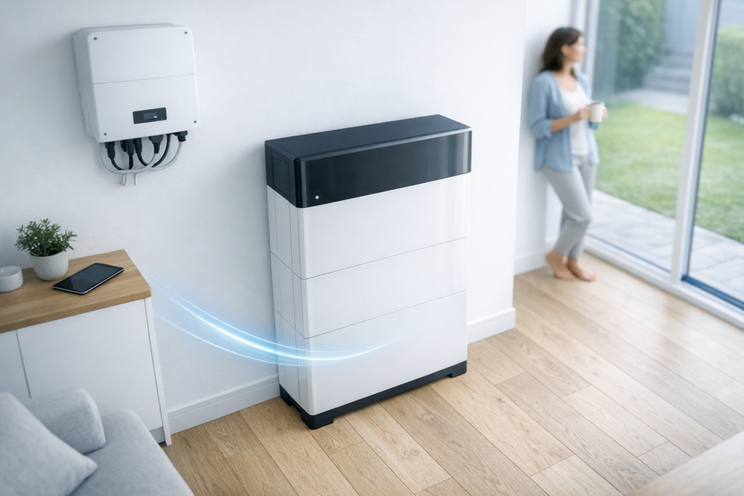 W jasnym wnętrzu widoczna duża biała stacjonarna bateria energii z czarnym górnym panelem ustawiona przy ścianie, obok na ścianie zamontowany falownik z przewodami, po lewej niski biały stolik z doniczką i tabletem, niebieskie graficzne smugi symbolizujące przepływ energii oraz rozmyta kobieta trzymająca kubek stojąca przy przeszklonych drzwiach prowadzących do ogrodu.
