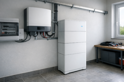 Pomieszczenie techniczne z wysokim białym modułowym urządzeniem magazynującym energię stojącym przy ścianie, obok zamontowany inwerter i rozdzielnica z widocznymi przewodami i metalowym korytkiem kablowym pod sufitem, po prawej stół roboczy przy oknie z nawiniętym kablem i narzędziami oraz szara podłoga z płytek.