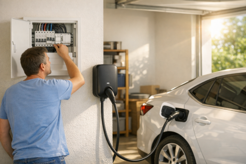 Mężczyzna w niebieskiej koszulce stoi bokiem i reguluje bezpośrednio elementy w otwartej domowej skrzynce elektrycznej na ścianie garażu, obok zamontowana jest czarna stacja ładowania z kablem podłączonym do gniazda białego samochodu, a w tle widać regał z pudełkami i światło słoneczne wpadające przez otwarte drzwi.