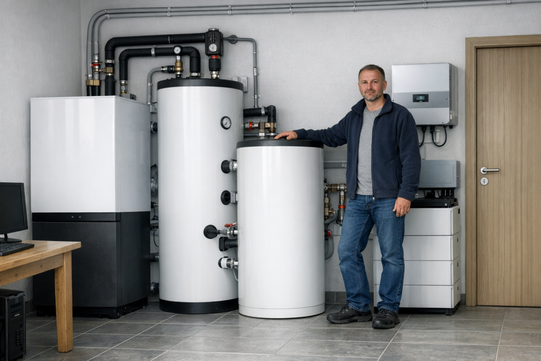 Mężczyzna stojący w pomieszczeniu technicznym oparty jedną ręką o mniejszy biały cylindryczny zbiornik, obok dwóch dużych białych urządzeń grzewczych i zbiorników z widocznymi rurami, zaworami i manometrem, przy ścianie zamontowany sterownik, po prawej drewniane drzwi, po lewej biurko z monitorem.