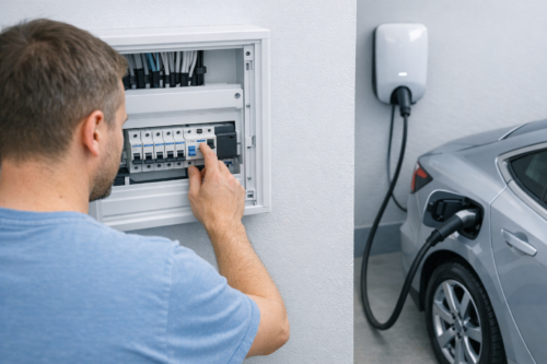 Mężczyzna w niebieskiej koszulce widziany od tyłu reguluje bezpieczniki w otwartej białej rozdzielnicy elektrycznej zamontowanej na ścianie, po prawej widoczny szary samochód elektryczny podłączony czarnym kablem do ściennej stacji ładowania.