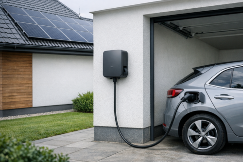 Srebrny samochód elektryczny typu hatchback podłączony kablem do czarnej stacji ładowania zamontowanej na zewnętrznej białej ścianie garażu, po lewej widoczny dom z panelami słonecznymi na dachu i fragment trawnika.