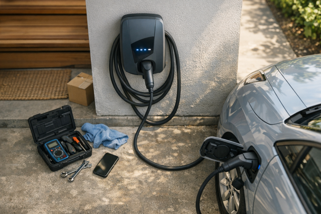 Stacja ładowania samochodu elektrycznego zamontowana na zewnętrznej ścianie z nawiniętym kablem podłączonym do srebrnego auta po prawej; na ziemi obok leżą otwarta skrzynka z narzędziami z widocznym multimetrem, dwa klucze, czarny telefon, niebieska ścierka oraz małe kartonowe pudełko przy wejściu do garażu.