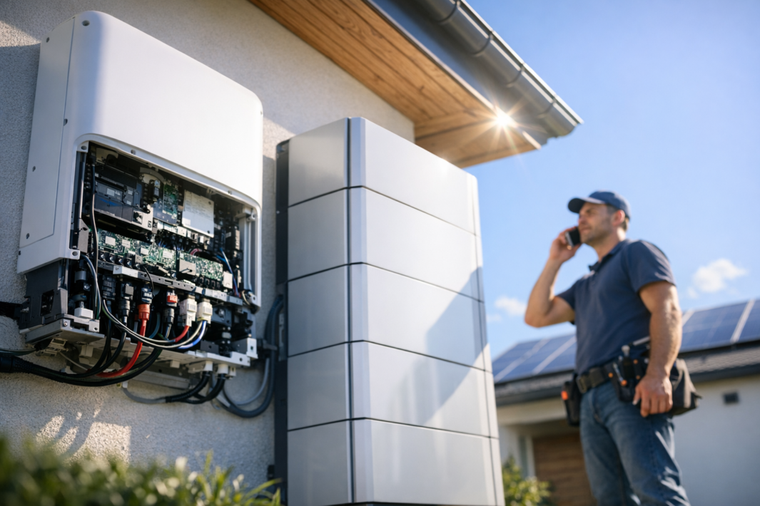 Zewnętrzny fragment instalacji PV: po lewej otwarta obudowa z elektroniką i kolorowymi przewodami, obok wysoki biały moduł magazynu energii, a po prawej stoi osoba w czapce z pasem narzędziowym trzymająca telefon przy uchu; w tle panele słoneczne na dachu i jasne niebo.