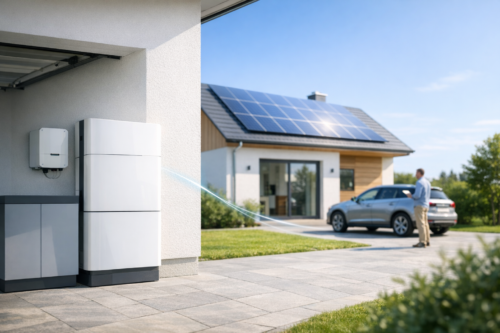 Widok zewnętrzny nowoczesnego domu w słoneczny dzień; na pierwszym planie przy ścianie garażu znajdują się białe moduły magazynu energii i falownik z delikatną niebieską smugą symbolizującą przepływ energii prowadzącą do budynku, a w tle dom z panelami fotowoltaicznymi na dachu, podjazd z zaparkowanym srebrnym samochodem i stojąca obok osoba.