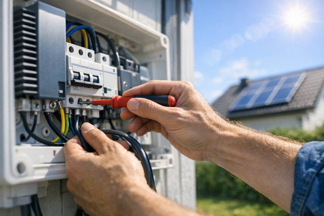 Zbliżenie dłoni osoby używającej czerwonego śrubokręta do podłączania przewodów w otwartej plastikowej puszce elektrycznej z widocznymi niebieskimi, czarnymi i żółtymi kablami oraz bezpiecznikami, w tle dach z panelami słonecznymi i jasne słońce na niebie.