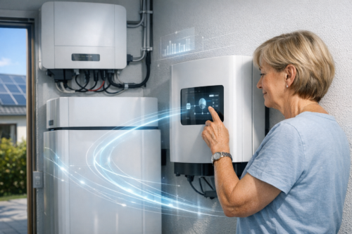 Kobieta w jasnoniebieskiej koszulce stoi przy ściennej jednostce magazynowania energii i dotyka jej ekranu dotykowego z wyświetlanymi wykresami, obok widoczne są moduły akumulatorowe i przewody, przez otwarte drzwi widać panele słoneczne na dachu, a na przednim planie są graficzne, niebieskie smugi świetlne.