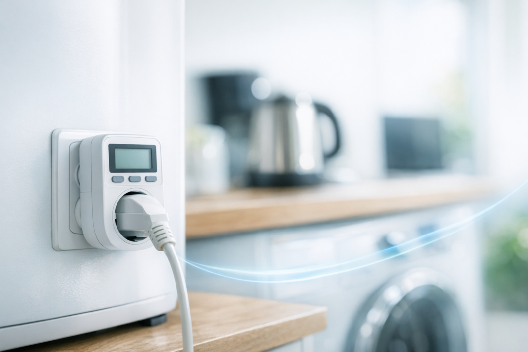 Zbliżenie na biały elektroniczny programator w gniazdku z małym ekranem LCD i trzema przyciskami oraz włożoną białą wtyczką przy drewnianym blacie, w tle rozmyte sprzęty kuchenne (czajnik, ekspres, pralka) i delikatna niebieska świetlna smuga.