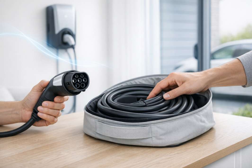 Na drewnianym blacie dwie dłonie obsługują kabel do ładowania samochodu elektrycznego: jedna trzyma wtyczkę z okrągłymi otworami, druga dotyka zwiniętego czarnego kabla w szarej zapinanej torbie, w tle na ścianie wisi stacja ładowania, a przez okno częściowo widać samochód.