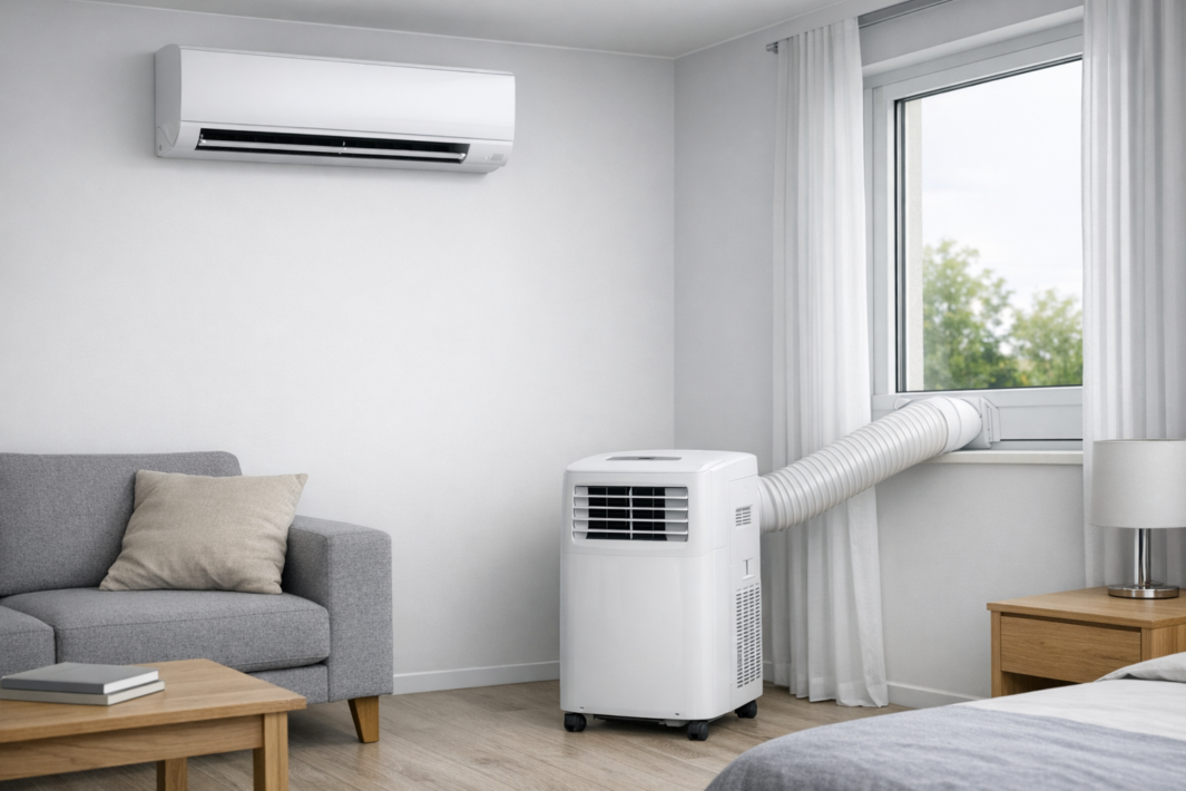 Jasne wnętrze z przenośną klimatyzacją na kółkach podłączoną białym elastycznym wężem do uchylonego okna, zamontowaną wysoko na ścianie jednostką klimatyzacji, szarą sofą z beżową poduszką, drewnianym stolikiem z książkami, nocnym stolikiem z lampą, zasłonami i widocznymi drzewami za oknem.