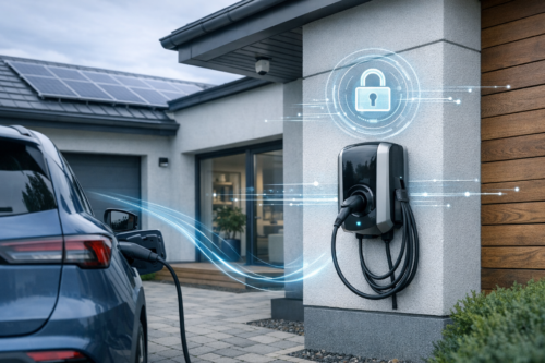 Samochód elektryczny zaparkowany na kostce brukowej podłączony kablem do ściennej stacji ładowania zamontowanej przy nowoczesnym domu z panelami słonecznymi na dachu; obok widoczne drewniane panele elewacji, przeszklone drzwi i małe urządzenie pod okapem, a wokół stacji i kabla graficzne świetliste niebieskie linie i ikona zamka.