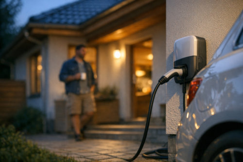 Stacja ładowania samochodu elektrycznego zamontowana na ścianie po prawej, kabel wpięty do auta na pierwszym planie; w tle rozmyta sylwetka osoby trzymającej kubek stojącej przy oświetlonym wejściu do domu ze schodami.