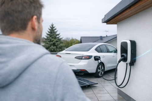 Zbliżenie z rozmytym pierwszym planem mężczyzny w szarej bluzie, na którym widać biały samochód elektryczny podłączony kablem do ściennej stacji ładowania, panel słoneczny na podjeździe oraz dachy domów i drzewo w tle.