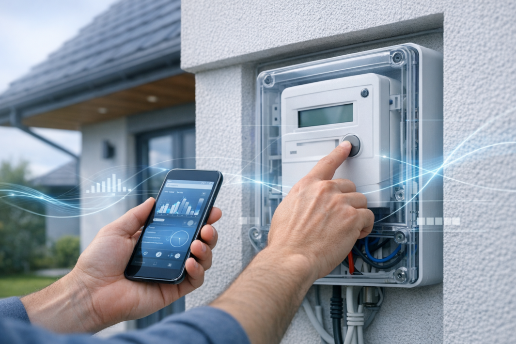 Dłonie osoby trzymające smartfon z widocznym interfejsem i wykresami oraz naciskające przycisk na cyfrowym liczniku energii zamkniętym w przezroczystej obudowie na zewnętrznej ścianie domu, z widocznymi przewodami i nałożonymi graficznymi niebieskimi falami i ikonami łączności.
