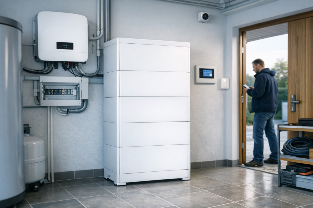 Pomieszczenie techniczne z dużą białą, piętrową jednostką urządzenia stojącą na podłodze; na ścianie po lewej inwerter i rozdzielnica elektryczna z widocznymi przewodami, nad nimi kamera bezpieczeństwa, po prawej panel sterowania i otwarte drewniane drzwi, w przejściu stoi mężczyzna trzymający telefon, a przy prawej krawędzi regał z nawiniętymi kablami i skrzynką z narzędziami.