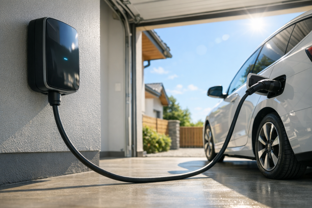 Biały samochód elektryczny stojący w otwartym garażu, podłączony kablem do czarnej stacji ładowania zamontowanej na ścianie; na pierwszym planie widoczny kabel i koło pojazdu, w tle fragment domu, ogrodzenie i słoneczne niebo.