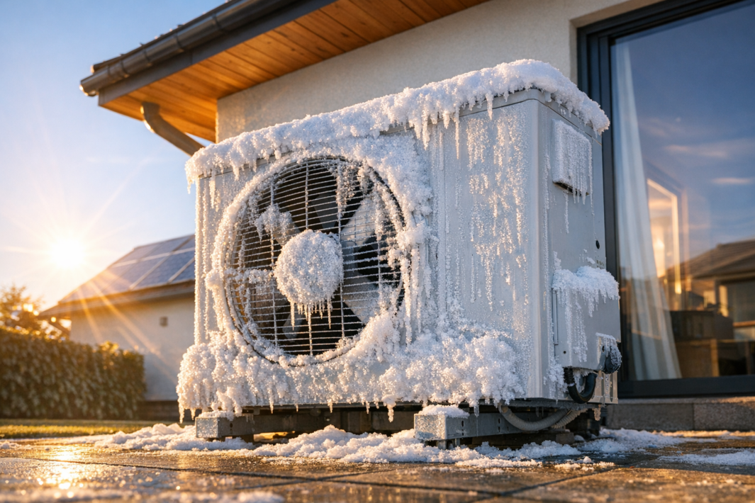 Zbliżenie zewnętrznej jednostki klimatyzacyjnej przy domu, mocno pokrytej szronem i zwisającymi soplami lodu, z widocznym wentylatorem za metalową kratką, stojącej na podłożu z resztkami śniegu, na tle przesuwnego okna, drewnianego podbitka dachu i dachów z panelami słonecznymi przy niskim, świecącym słońcu.