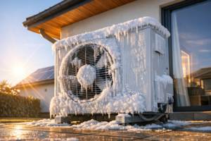 Zbliżenie zewnętrznej jednostki klimatyzacyjnej przy domu, mocno pokrytej szronem i zwisającymi soplami lodu, z widocznym wentylatorem za metalową kratką, stojącej na podłożu z resztkami śniegu, na tle przesuwnego okna, drewnianego podbitka dachu i dachów z panelami słonecznymi przy niskim, świecącym słońcu.