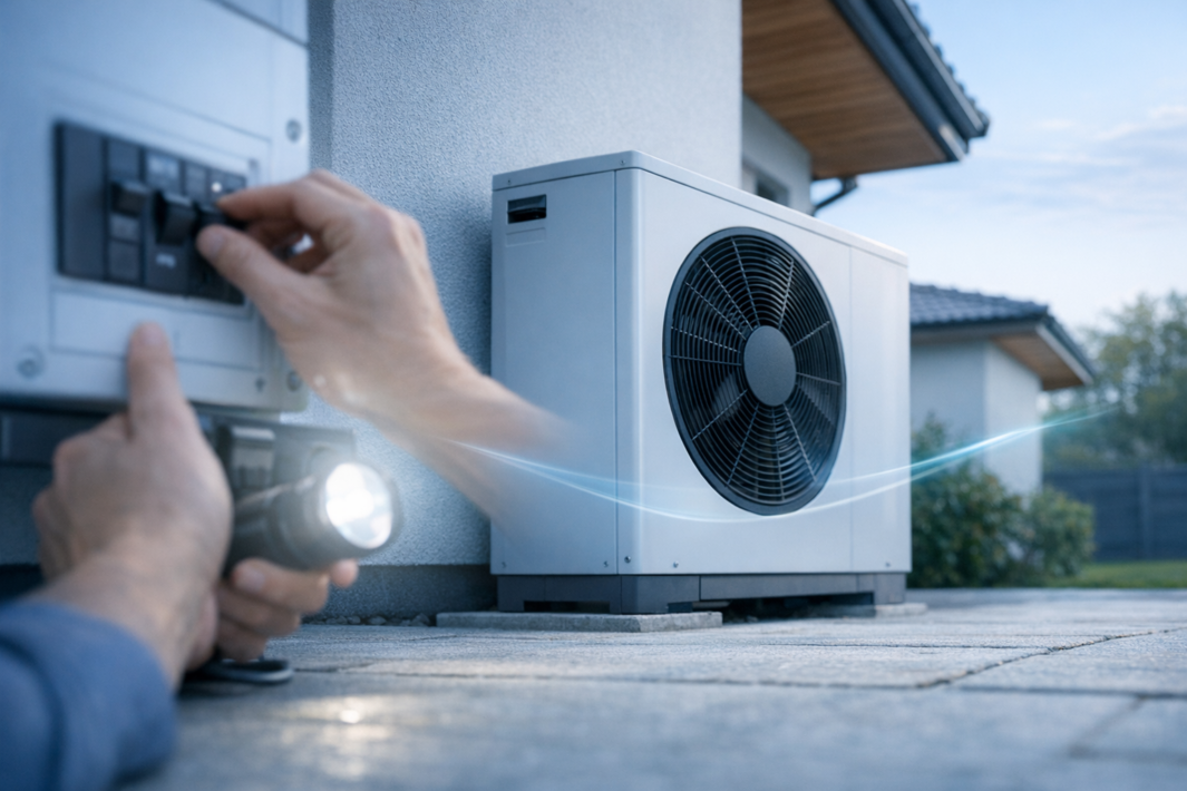 Zbliżenie na zewnętrzną jednostkę pompy ciepła zamocowaną przy ścianie domu z dużym wentylatorem po prawej, po lewej w pierwszym planie ręce technika regulujące wyłącznik w skrzynce elektrycznej i trzymające latarkę, na dole widoczna kostka brukowa oraz delikatny świetlny efekt sugerujący przepływ powietrza.
