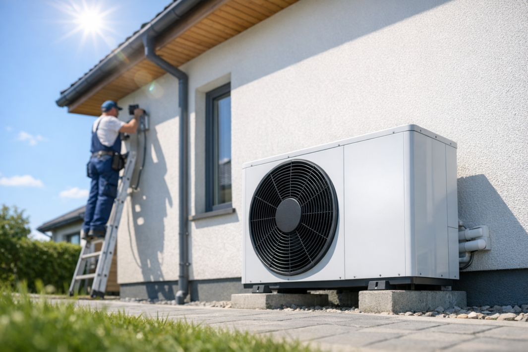 Jednostka zewnętrzna pompy ciepła lub klimatyzatora ustawiona na betonowych podstawkach przy jasnej elewacji w pierwszym planie; po lewej osoba w roboczym ubraniu stoi na drabinie i trzyma narzędzie przy ścianie obok rynny i okna, nad nimi słoneczne niebo.