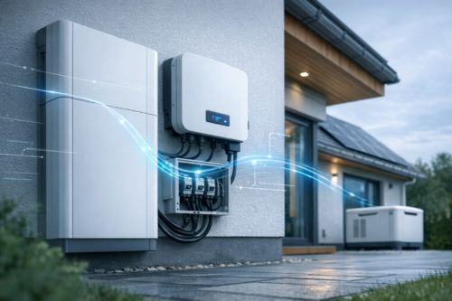 Na zewnętrznej ścianie nowoczesnego domu widoczne są zamontowane białe urządzenia elektryczne: duża pionowa skrzynia po lewej, mniejszy prostokątny falownik z wyświetlaczem i grubymi czarnymi przewodami po prawej oraz otwarta skrzynka z bezpiecznikami poniżej, przez które przebiegają graficzne niebieskie świetlne ścieżki symbolizujące przepływ energii; w tle dach z panelami słonecznymi, drewniany okap nad wejściem i prostokątna jednostka zewnętrzna ustawiona na podjeździe.