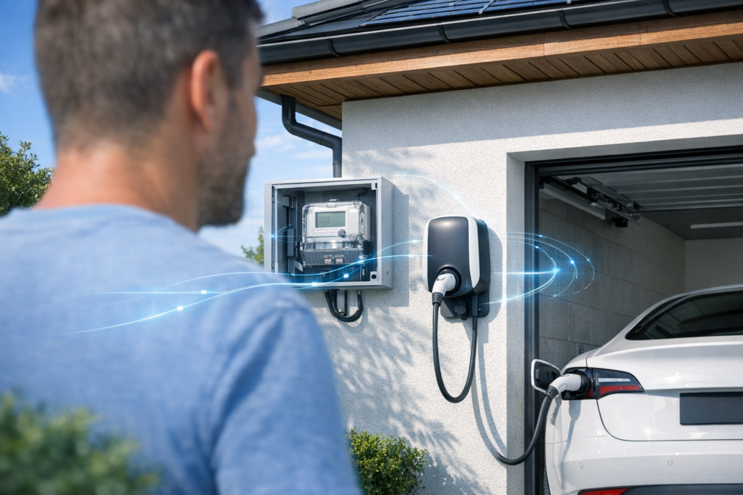 Osoba widoczna z tyłu w niebieskiej koszulce stoi przed ścianą domu, na której znajduje się otwarty licznik elektryczny i zamontowana czarna stacja ładowania, a biały samochód elektryczny częściowo w garażu jest podłączony kablem do stacji; na dachu widać panele słoneczne, a wokół urządzeń widoczne są niebieskie graficzne smugi symbolizujące przepływ energii.