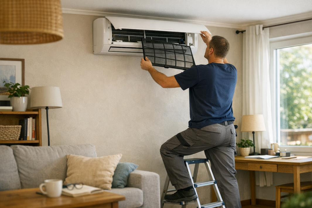 Mężczyzna w granatowym ubraniu i czapce stoi na aluminiowej drabinie i dotyka wewnętrznych elementów otwartego, ściennego klimatyzatora zamontowanego na elewacji domu; w tle przesuwne szklane drzwi, fragment garażu, dach z rynną i stos drewna, wszystko oświetlone ciepłym światłem zachodu słońca.